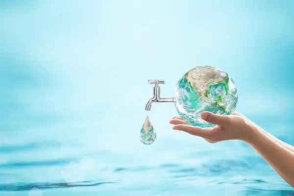 hand holding a globe with water tap