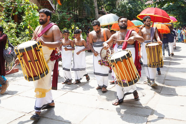 Drumming during Abhayavarsham 34 celebrations n Amritapuri